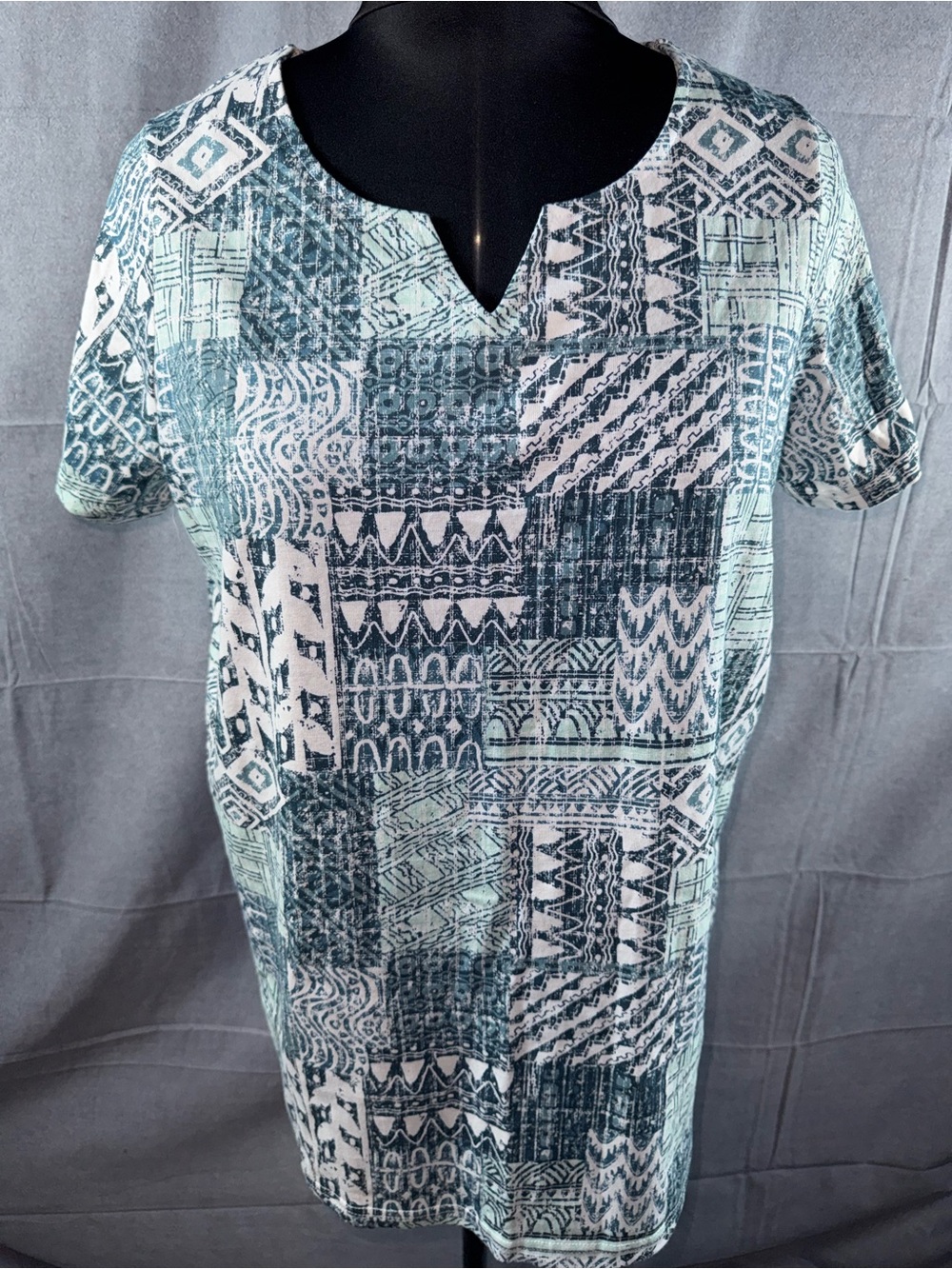 2666-Woman Within Teal and White Patchwork V-Notch Short Sleeve Tunic